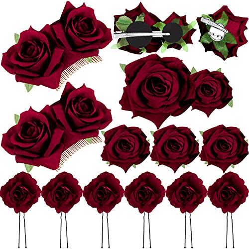 12 Db Rózsa Virág hajcsat Rózsa Menyasszonyi Haj Csapok Rose Bross Esküvői Haj Kiegészítők Nők Lány Fél Flamenco Táncos (Bor