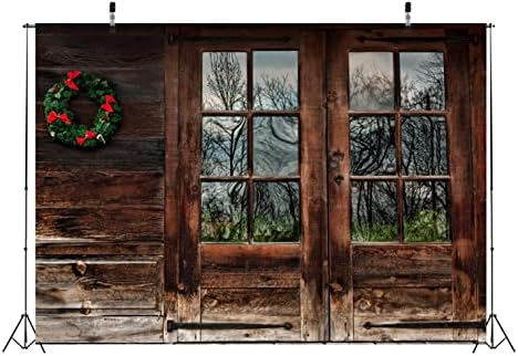 BELECO 10x8ft Szövet Karácsonyi Kabin Fotózás Hátteret, Rusztikus Fa Ház a Karácsonyi Koszorú Grunge Ajtó, Ablak Erdőre néző