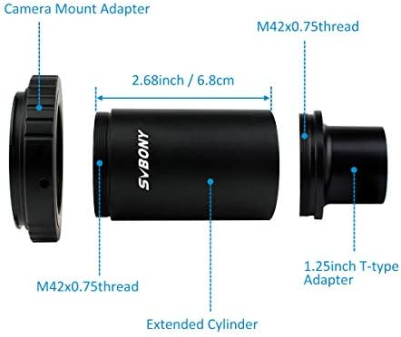 SVBONY T2 T Gyűrű Adapter Kompatibilis a Canon EOS Fényképezőgépek, 2X Barlow Lencse 1.25 hüvelyk M42 Szál, Univerzális mobiltelefon