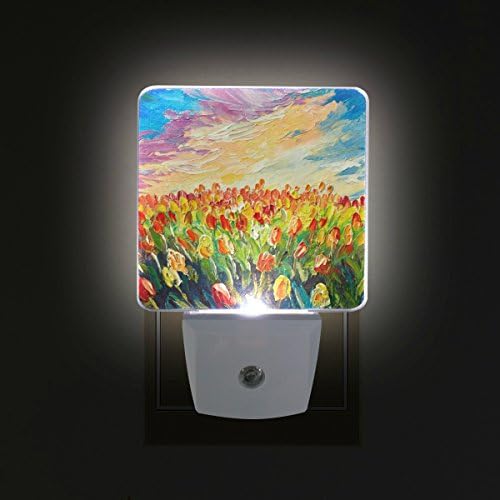 Naanle Készlet 2 Szép Tulipán Mező Napkelte Színes Sky Olaj Festmény, Art Automatikus Érzékelő LED Alkonyat Hajnal Éjszakai