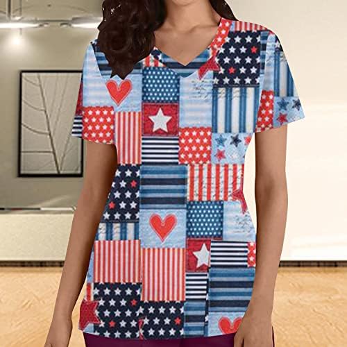 Július 4-Maximum Női Alkalmi Amerikai Zászló Nyomtatott Hazafias Póló V Nyakú Rövid Ujjú T-Shirt Zsebbel Blúzok