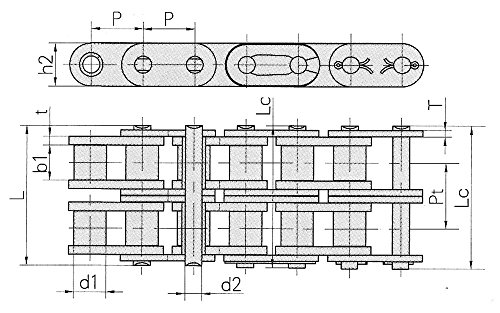 Ametric 24B-2 ISO, 3.3 méter Doboz, Dupla Görgős Lánc, 2122X3.3M Ametric Része Nem. 38.1 mm Pitch(P), 25.4 mm (b1), 25.4