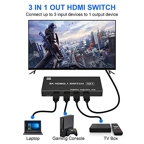 HDMI 2.1 Kapcsoló 8K 60Hz, HDMI Switcher 3 az 1-IR Távirányító, Támogatja a 48Gbps, HDR10+, HDCP2.3, Dolby Látás, a 4k@120Hz