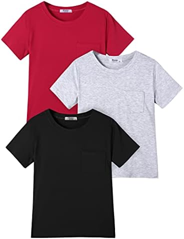 Boyoo Fiúk 3-Pack Rövid Ujjú T-shirt Szilárd Pamut Legénység Nyak Felső Póló Pocket 5-14Y Gyerekek