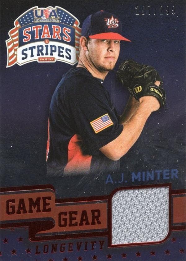 AJ Minter játékos kopott jersey-i javítás baseball kártya (Atlanta Braves, USA) 2015 Panini Stars & Stripes Újonc 2 - MLB