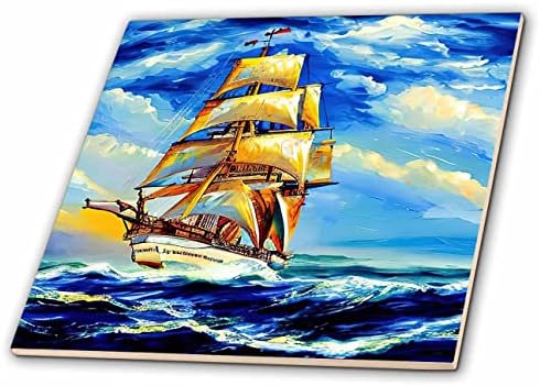 3dRose Magas hajó digitális művészet. Fantázia brig a tengeren. Friss szél, süt a nap - Csempe (ct-375665-3)