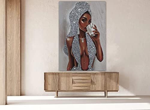 Afro-Amerikai, Fekete Nő, Ezüst Csillámos Mintás HD Vászon Wall Art Nyomtatás Plakát,Csillogó Női Fali Dekor Divat Női Paiting
