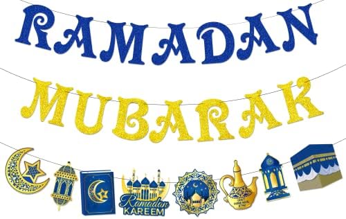 Ramadán Banner, NEM-DIY Csillogó Ramadan Mubarak Banner, Ramadan Dekoráció, Otthon, Kék Arany Ramadan Mubarak Dekorációk,