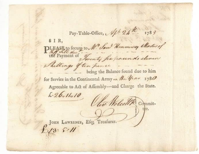 Által aláírt Oliver Wolcott Jr. - 1780-ban kelt Háború Fizetési Megbízás a Szolgáltatás a Kontinentális Hadsereg