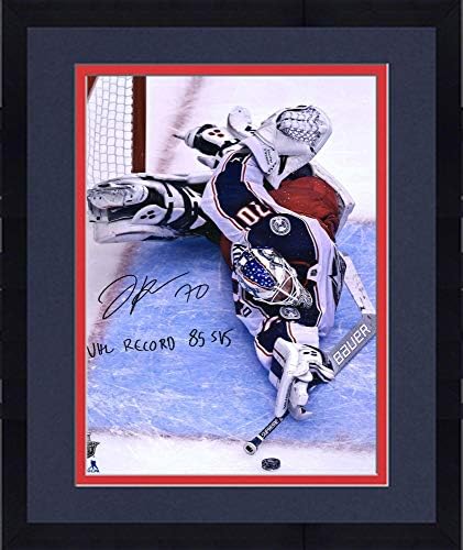 Keretes Joonas Korpisalo Columbus Blue Jackets Dedikált 16 x 20 NHL Rekord Mentése Fénykép NHL Rekord 85 Svs Felirat, - Dedikált