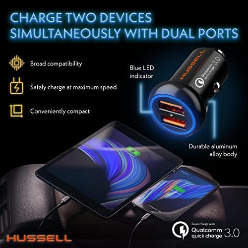Hussell Autós Töltő Adapter szivargyújtó - Gyors Töltés, Mini, Alumínium, Hordozható 3.0 Autós Töltő Dual USB Port - Kompatibilis
