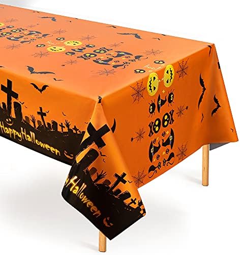 3 Csomag Narancs Halloween Műanyag Asztalterítő, Eldobható Téglalap Halloween asztalterítő Nyomtatott Sütőtök Denevérek Koponyák