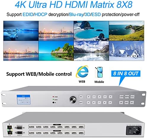 8x8 HDMI Matrix váltó 4K@30Hz, állványba szerelhető HDMI Mátrix Kapcsoló 8x8 Támogatja a HDMI 1.4 Szabvány/EDID Menedzsment/HDCP