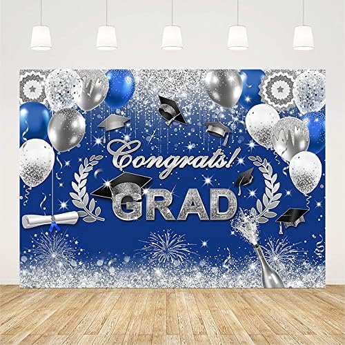 AIBIIN 7x5ft Congrats Grad Hátteret, Royal Kék, Ezüst Glitter Érettségi Fotózás Háttér Osztály 2023 Ünnepség, Bál, Party