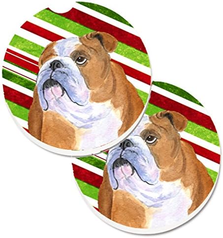 Caroline Kincsek SS4560CARC Bulldog angol Candy Cane Ünnep a Karácsony, 2 pohártartó Autóba Alátétek, Nedvszívó Homokkő Alátétek